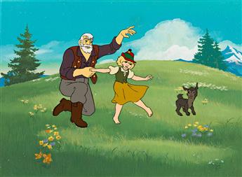 HANNA BARBERA / PAUL JULIAN Heidi, Grandfather, and Spritz the Goat Animation Cel and Background Setup.                                          